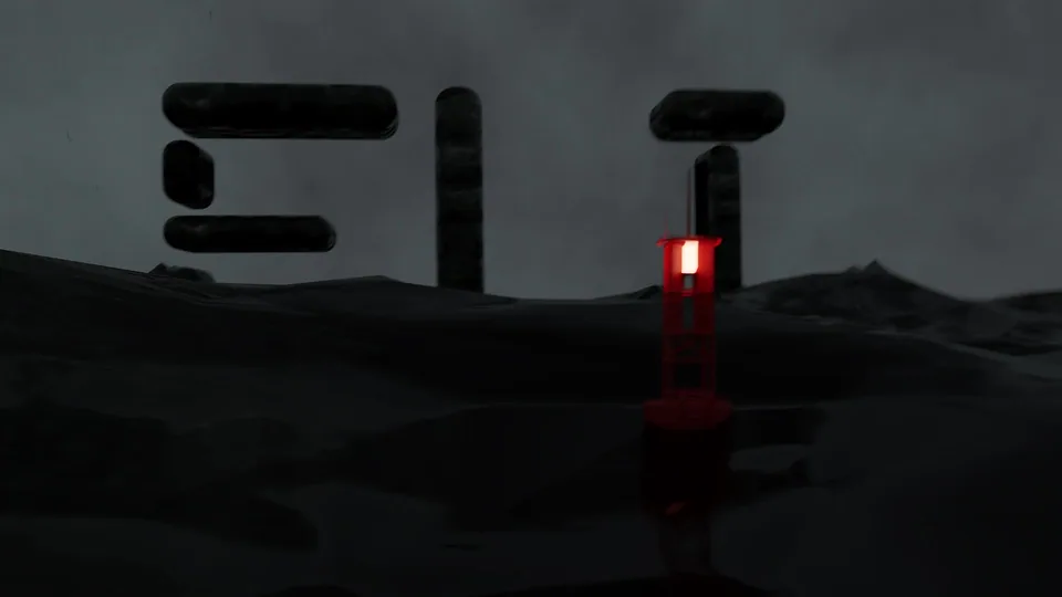 3D animation still: the letters ELI standing in a dark landscape