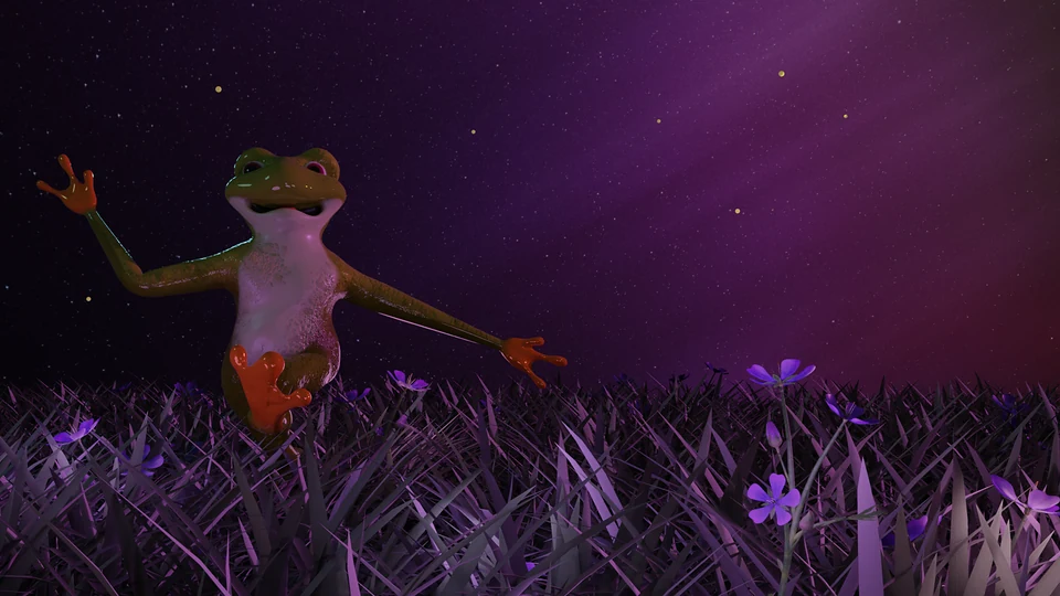 3D bipedal frog character running through a meadow at night
