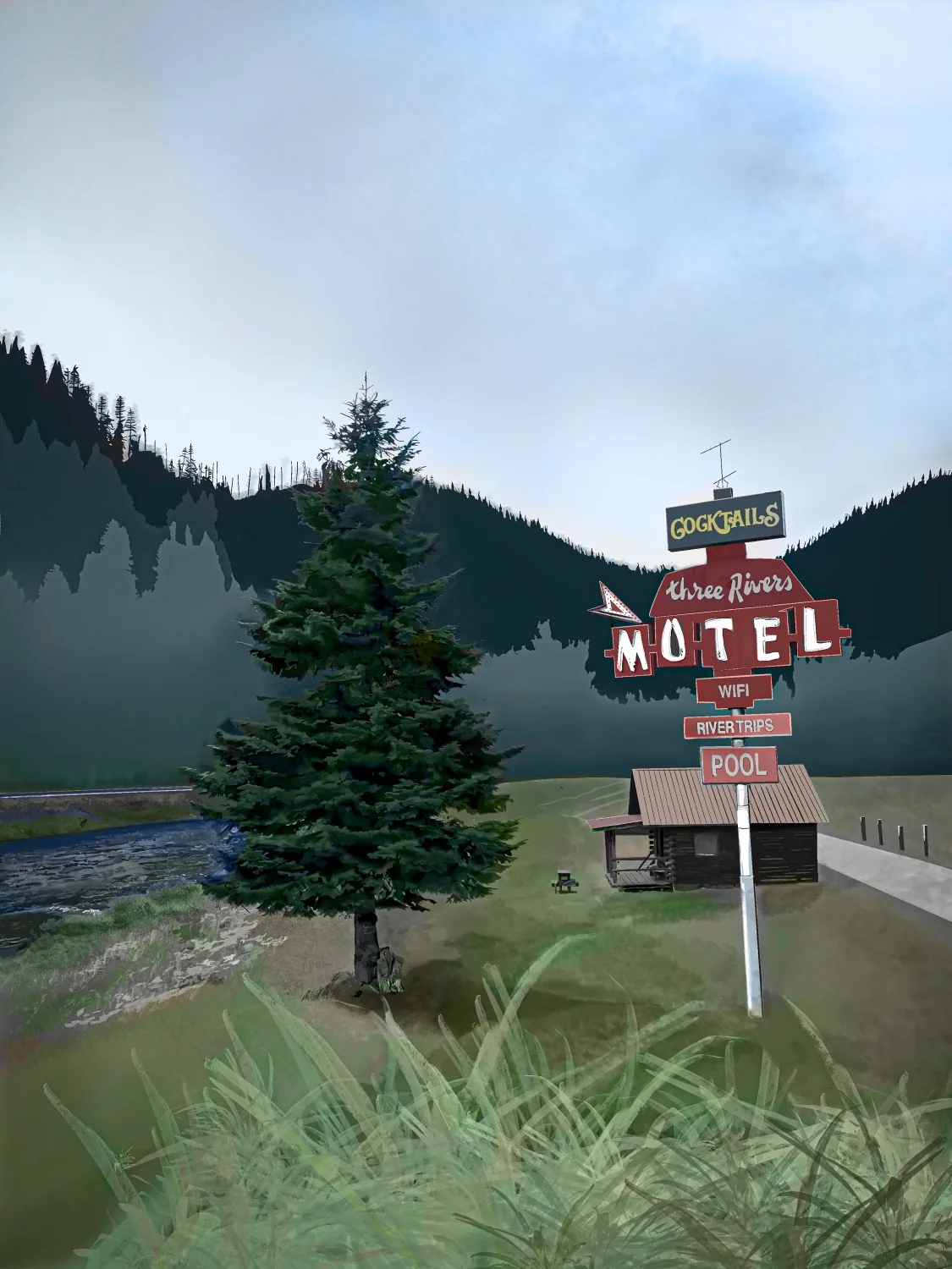 Digital painting of a roadside motel sign among pine trees