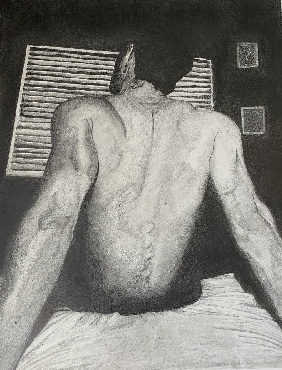 Graphite illustration of a figure sitting up in bed beside window blinds