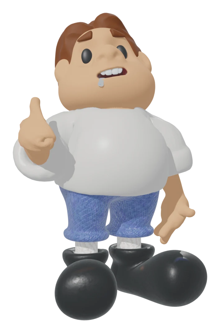 Gregory, a 3D cartoon character in a white shirt, denim shorts and big black shoes, giving a thumbs up