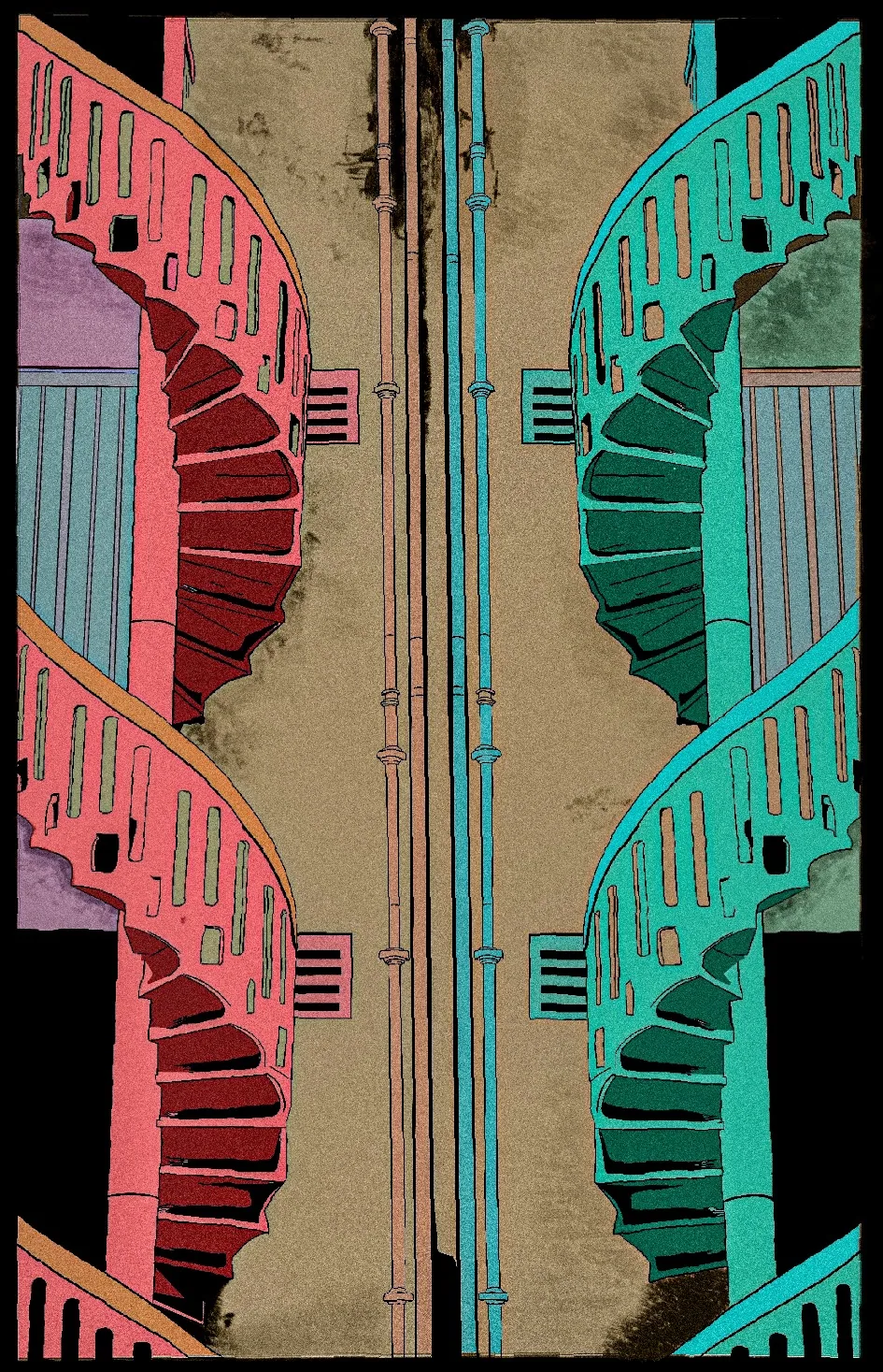 Illustration looking down between red and teal spiral staircases