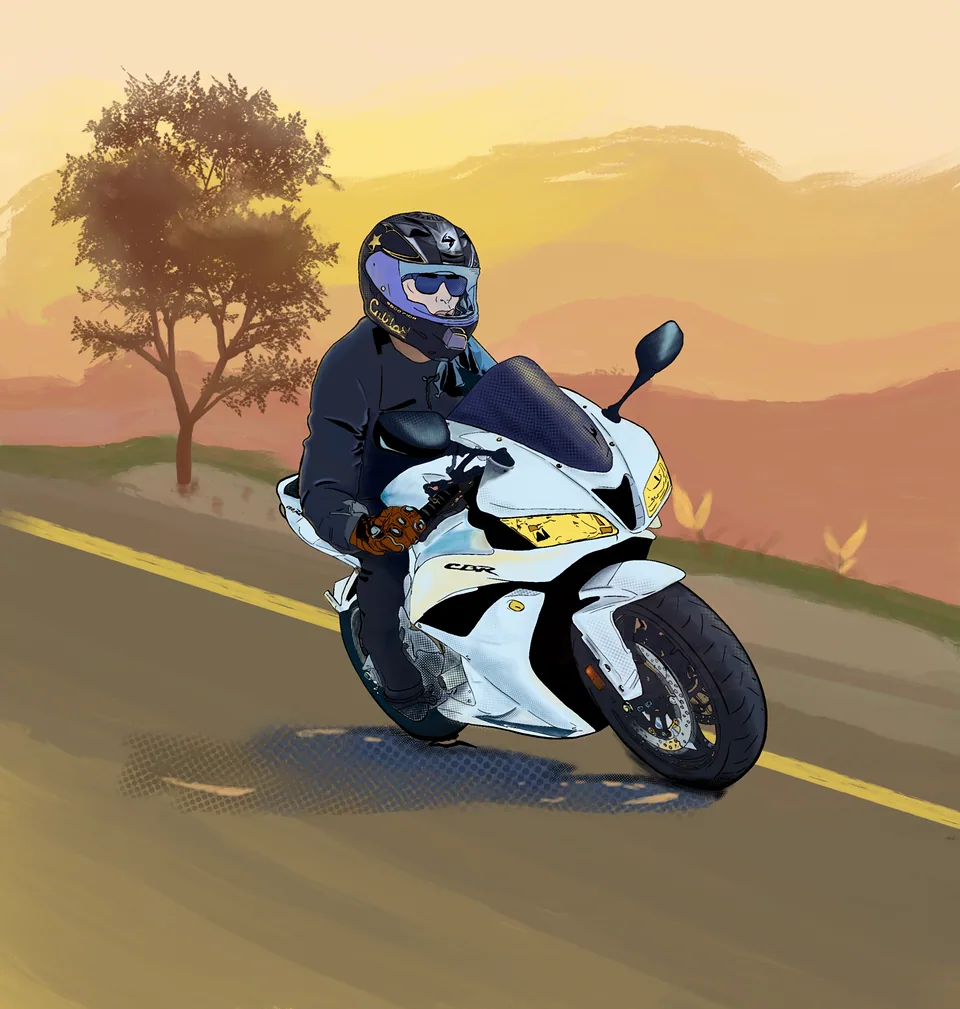 Illustration of a motorcyclist riding down a road at sunset
