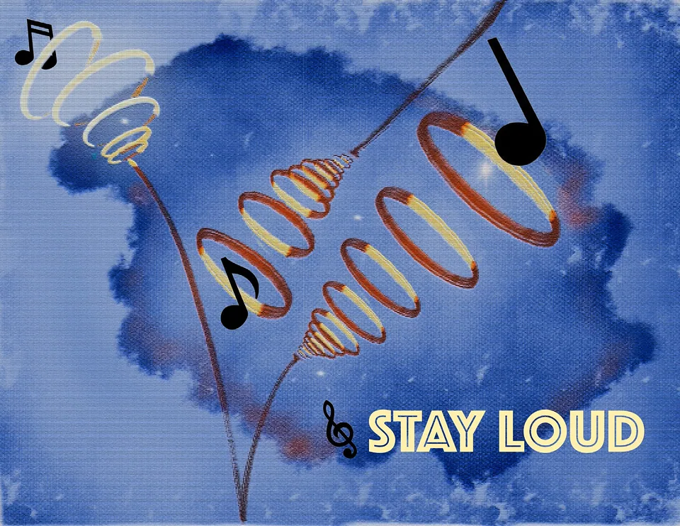 Illustration of music notes and spiraling sound waves with the words Stay Loud