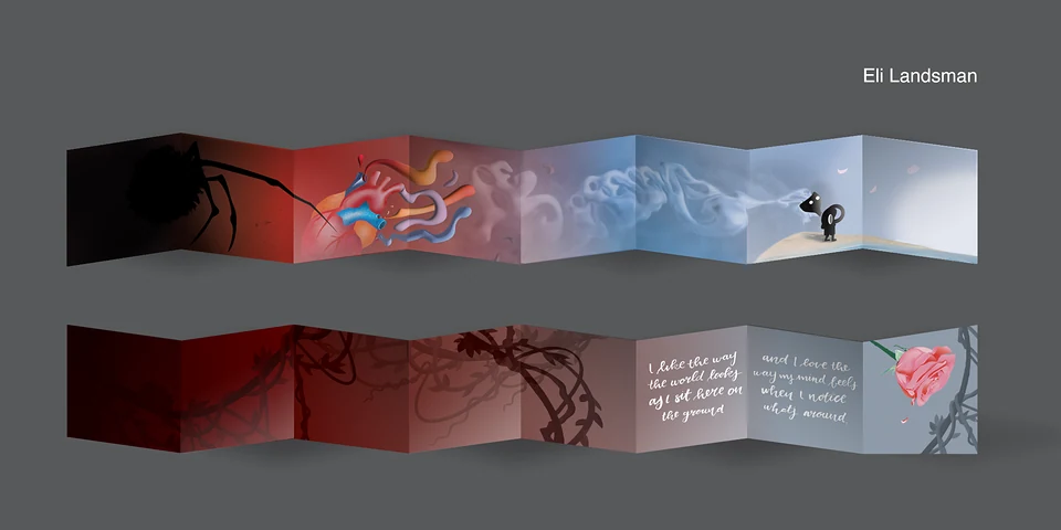 Orihon folding booklet mockup showing the illustrated accordion pages
