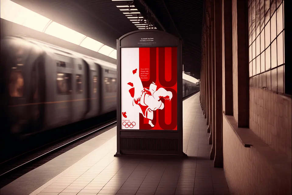Paris 2024 judo event poster in a subway station lightbox