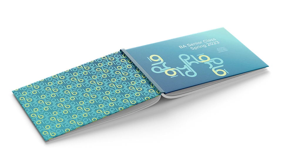 Phlō brand booklet open, showing the pattern endpaper and cover