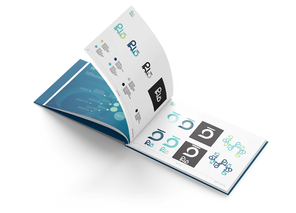 Phlō brand booklet spread showing logo variations