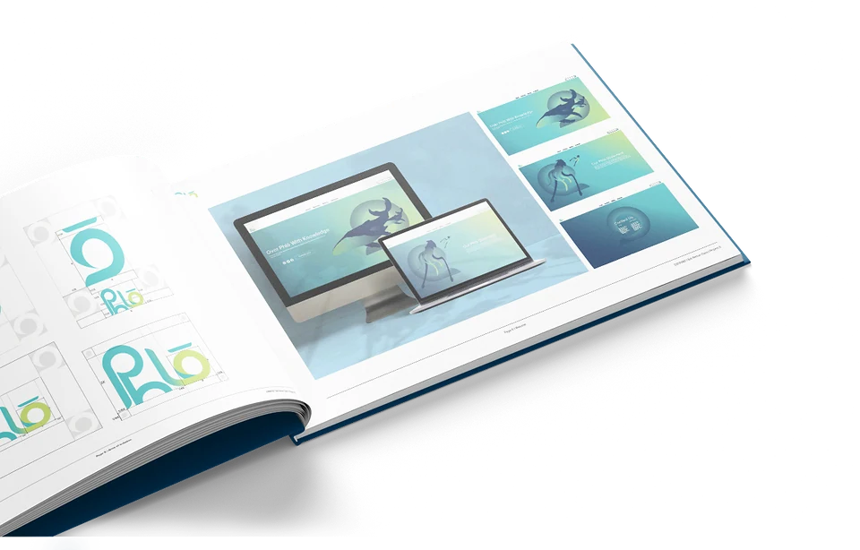 Phlō brand booklet spread showing website mockups