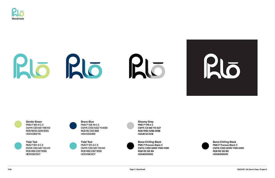 Phlō brand guideline page showing logo color variations