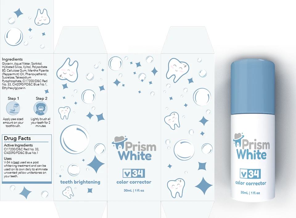 Prism White V34 box dieline beside the serum bottle