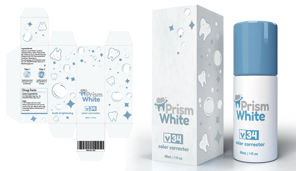 Prism White V34 box, dieline and serum bottle mockup