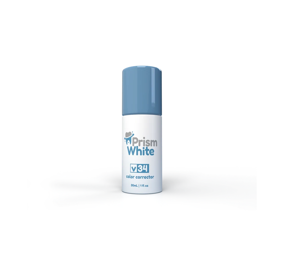 Prism White V34 color corrector bottle on a black background