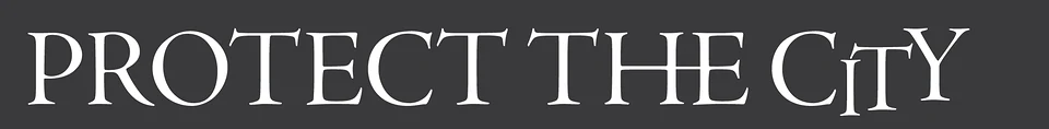 Protect the City tagline lettering with skeletal serifs