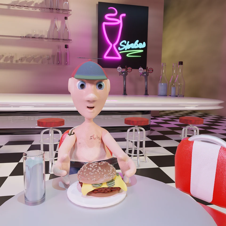 Rigged Blender character eating a burger in a retro diner