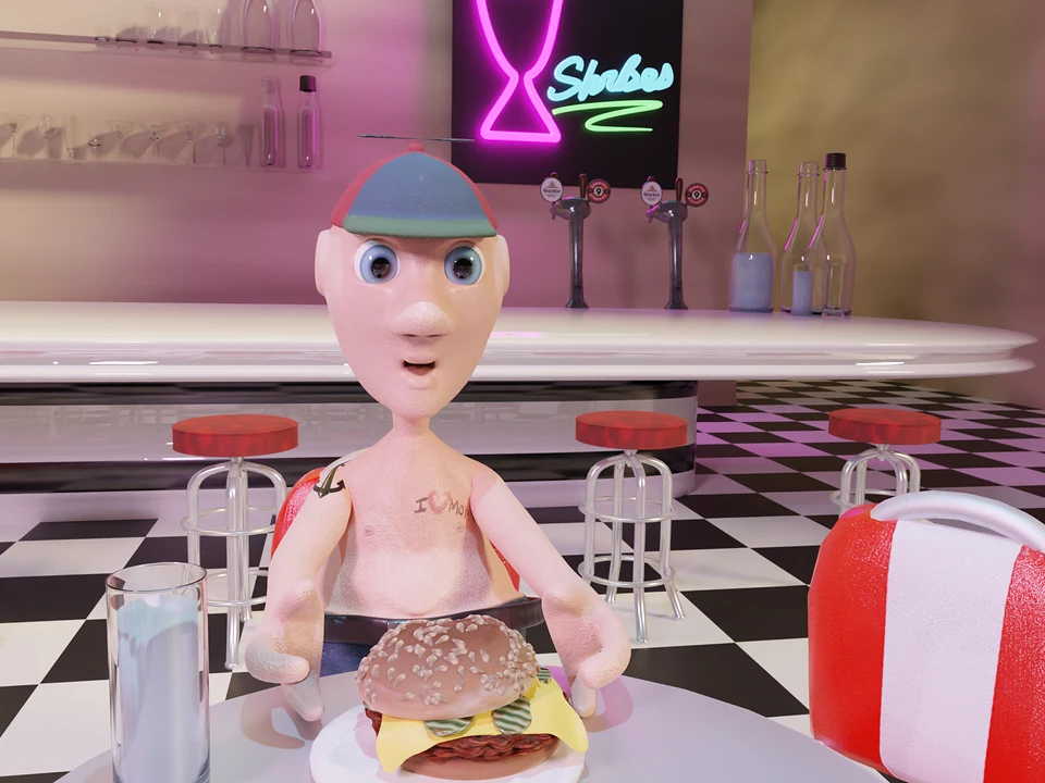 Rigged Blender character eating a burger in a retro diner