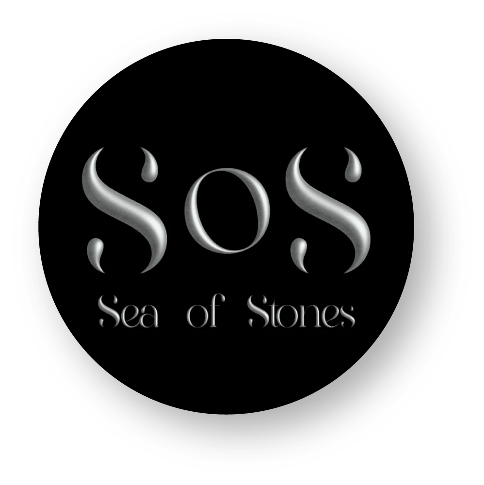 Sea of Stones SOS logotype in chrome with the wordmark