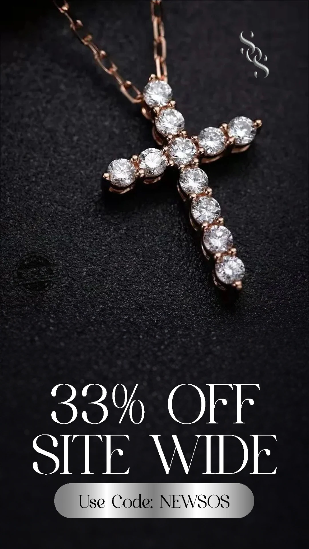 Sea of Stones story ad: 33% Off Site Wide, with a cross pendant