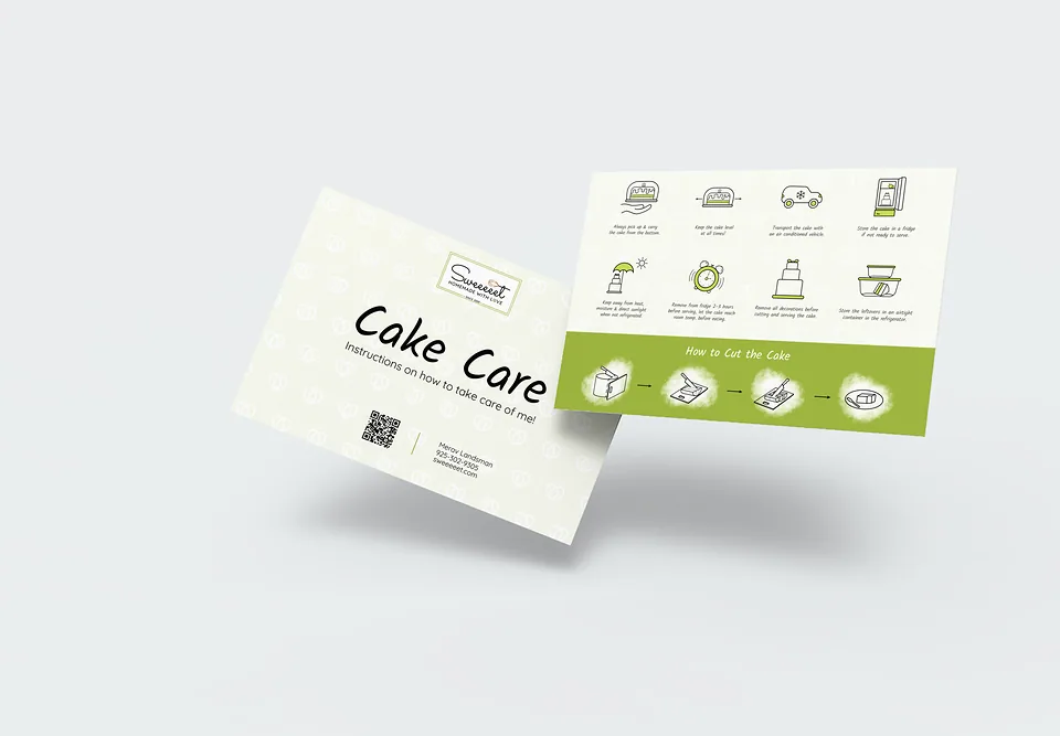 Sweeeeet.com cake care instruction cards in cream and green